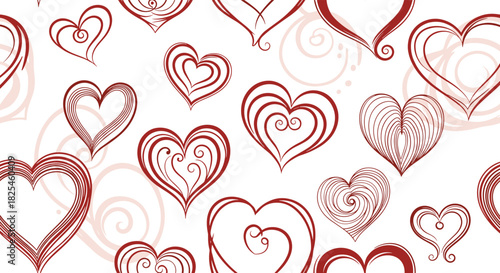 Romantic seamless pattern featuring an array of hand-drawn red hearts with intricate details and gentle background swirls, ideal for Valentine's Day.