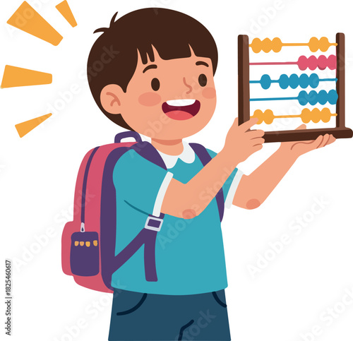 Smiling Boy With Backpack Holds Abacus Showing Learning Math and Counting Skills