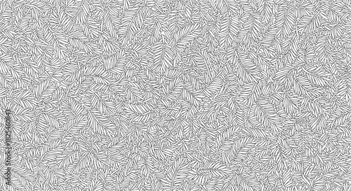 A detailed black and white line art pattern filled with countless overlapping stylized palm leaves or fern fronds, creating a rich organic texture.