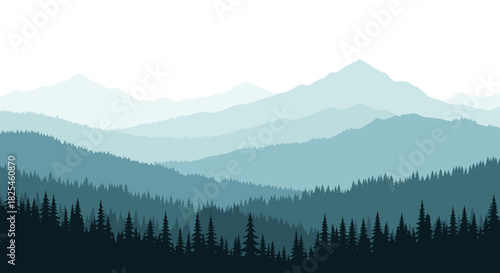 Layered mountain landscape with dense pine forest in various shades of blue and teal, illustrating depth and atmospheric perspective.