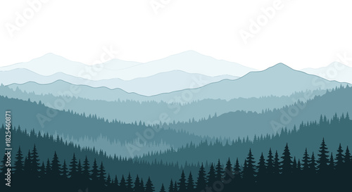 Minimalist vector illustration of a tranquil mountain landscape with dense pine forests in gradients of blue and green.