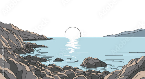 A picturesque view of a rocky coast at sunrise or sunset, with the sun's gentle reflection on the calm sea and subtle mountains in the background.
