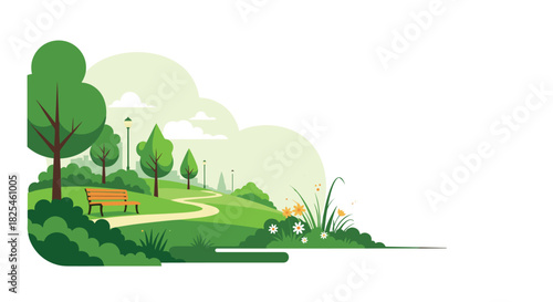Idyllic vector illustration of a vibrant urban park with a winding path, green trees, a comfortable bench, and blooming flowers.