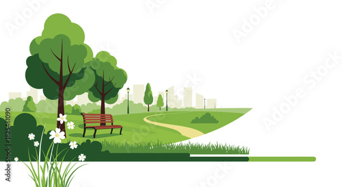 Lush green city park scene with tall trees, a wooden bench, a winding walking path, blossoming white flowers, and a distant urban skyline.