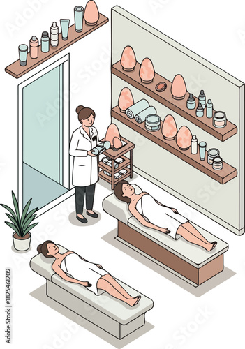 Spa Room Isometric View Two Women Relaxing on Massage Beds With Therapist