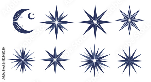 Stylized blue crescent moon and star symbol alongside a collection of varied eight-pointed star designs on a clean white background.