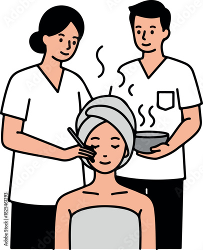 Spa Treatment Facial Steam Therapy For Woman By Two Professionals Isolated