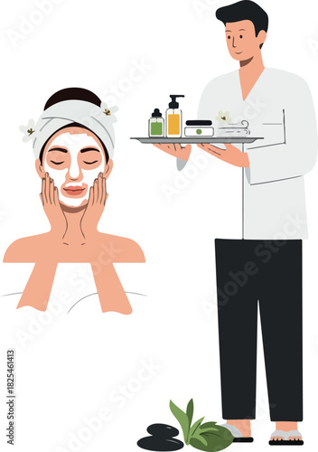 Spa Treatment Facial Mask and Massage Stones with Man Holding Tray