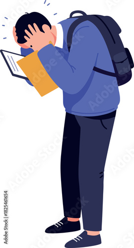 Stressed Student Holding Book with Hands Over Face Blue Sweater Backpack