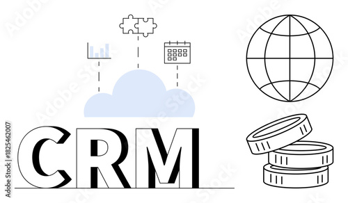 CRM text, cloud, chart, puzzle pieces, calendar, globe, and coins represent global data management, financial growth and customer relationship optimization. Ideal for technology business