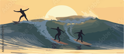 Surfers Riding Waves at Sunset Golden Hour Warm Sky