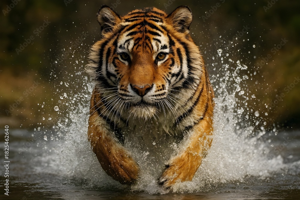 Naklejka premium Dynamic wildlife photo of tiger running through water with splashes and intense forward gaze