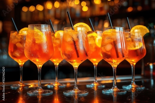 Wallpaper Mural several chilled orange cocktails in stemmed wine glasses with ice, citrus slices and black straws on a bar counter, warm golden bokeh lights creating a festive inviting mood Torontodigital.ca