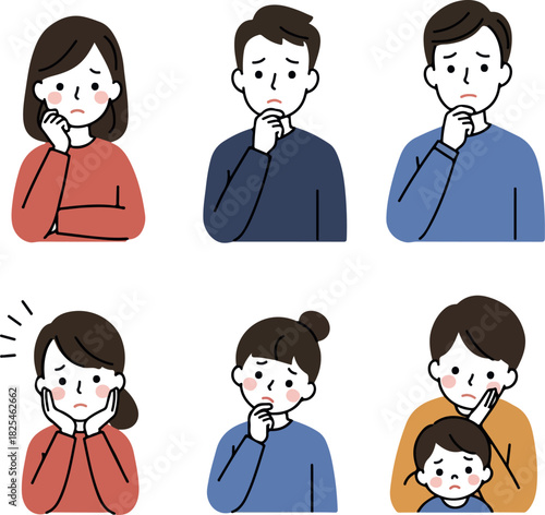 Thoughtful People Pondering Worries Flat Design Illustration