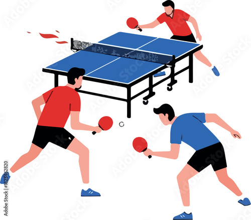 Three Men Playing Ping Pong Table Tennis Red Blue Outfits White Background