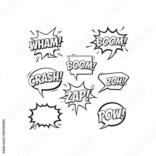 A collection of comic book style speech bubbles with onomatopoeia words like Wham, Boom, Crash, Zap, Zoh, and Pow, and one empty bubble.