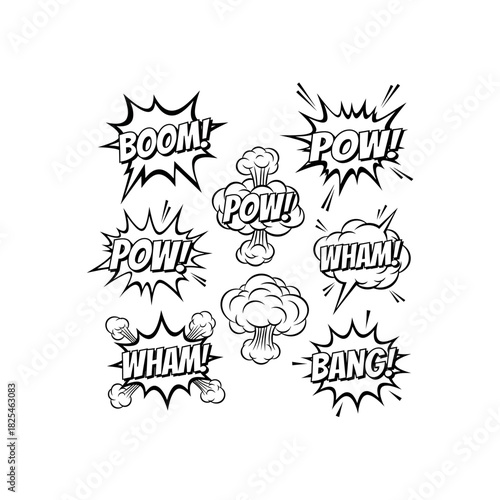 A set of black and white comic book style sound effects, including BOOM, POW, WHAM, and BANG, with cartoon explosions.