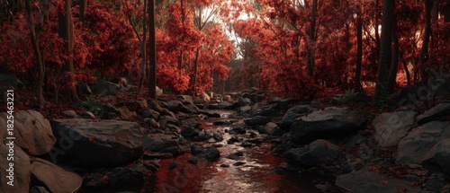 Serene Autumn Landscape with Vibrant Red Foliage and Tranquil Stream Flowing Through Rocky Terrain
