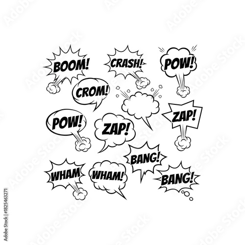 Collection of comic book sound effects, illustrated in black and white, with various exclamations.