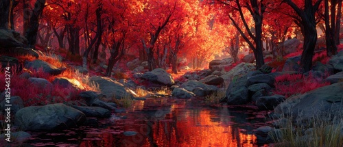 Vibrant Autumn Landscape with Golden Stream Flowing Through Red and Orange Forest Trees Under a Clear Blue Sky