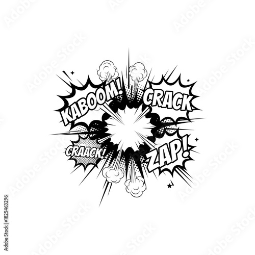 Comic book explosion illustration with sound effects, a graphic burst.