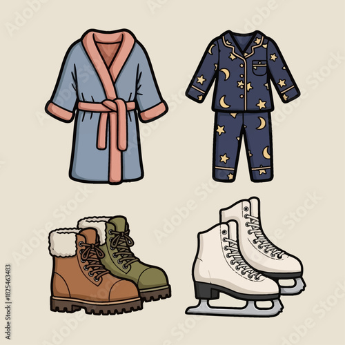 A collection of cozy winter wear and leisure items including a bathrobe, pajamas, winter boots, and ice skates.