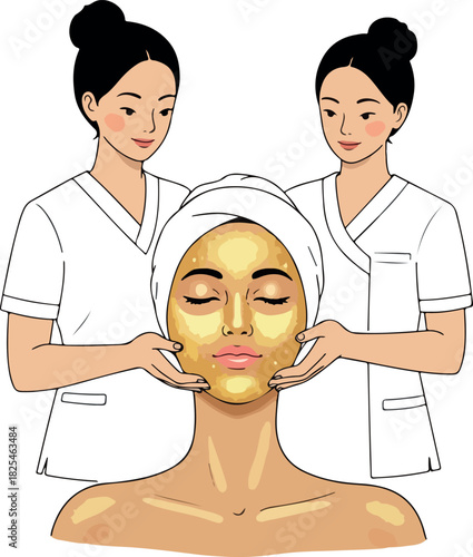 Two Beauticians Apply Golden Face Mask to Woman in Spa