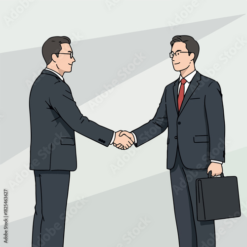 Two businessmen in dark suits shake hands in agreement with briefcase
