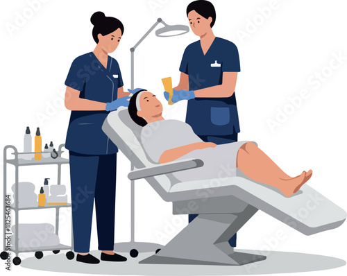 Two Cosmetologists Apply Facial Treatment To Client Lying On Bed In Clinic