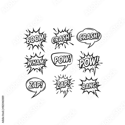 A collection of nine comic book style speech bubbles with onomatopoeia words like Boom, Crash, Wham, Pow, Zap, and Bang, all in black and white.