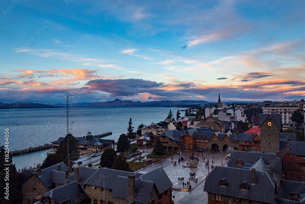 Fototapeta premium sunset in the city San Carlos de Bariloche, Civic Center, Patagonia Argentina glacial lake Nahuel Huapi
