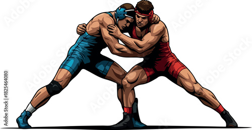 Two Male Wrestlers in Blue and Red Singlets Grappling in a Dynamic Stance