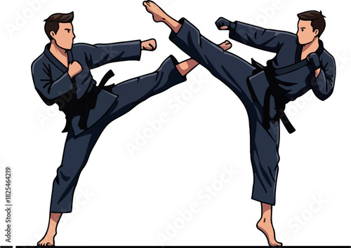 Two Men In Dark Blue Karate Uniforms Sparring With High Kicks