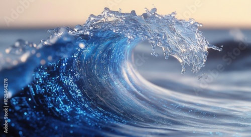 Fototapeta Naklejka Na Ścianę i Meble -  close-up curling ocean wave with sparkling blue water, flying droplets and warm horizon conveying dynamic exhilarating motion