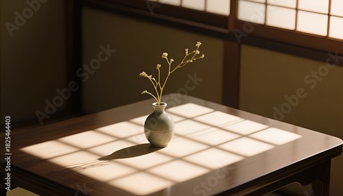 Minimal Japanese interior with vase and soft sunlight