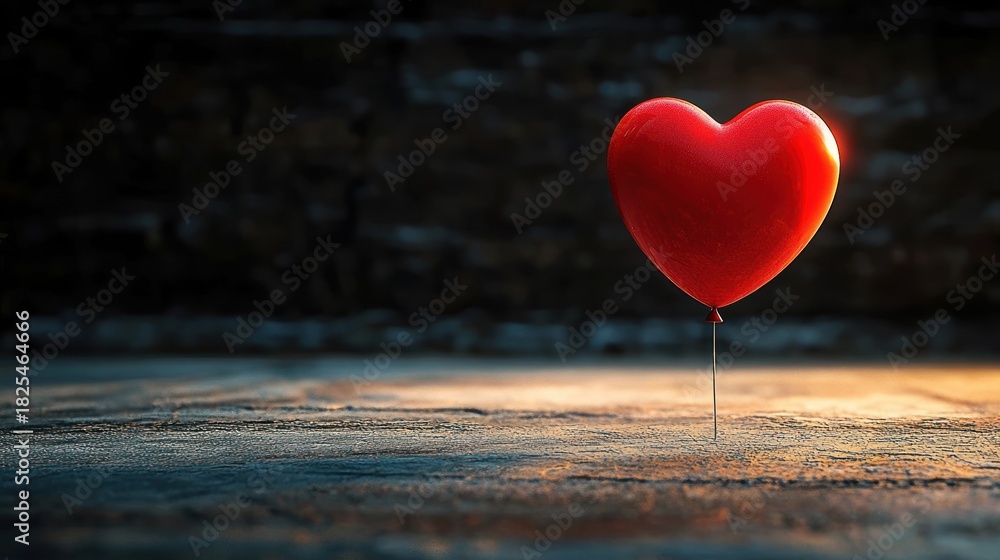Obraz premium solitary red heart-shaped balloon tethered to textured pavement, bathed in warm evening light, evoking quiet hope and gentle loneliness
