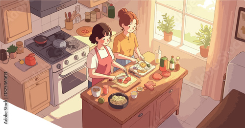 Two People Cooking Together In A Bright Sunny Kitchen