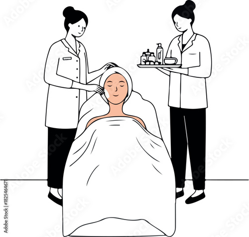 Two Professionals Performing Facial Treatment on Woman in Spa White Minimalist Illustration
