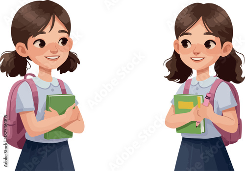 Two Smiling Young Girls In School Uniforms Holding Books And Backpacks