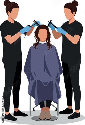 Two Stylists Color Hair of Woman Sitting in Chair Wearing Purple Cape Isolated