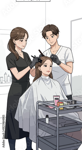 Two Stylists Coloring Woman's Hair in Salon With Styling Cart