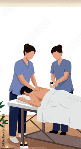 Two Therapists Give Massage To Man On Table