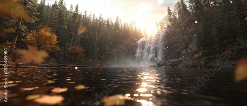 Serene Waterfall Cascading into Clear Lake Surrounded by Autumn Forest at Sunset with Soft Reflective Light and Falling Leaves