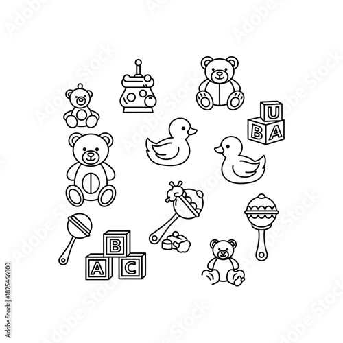 A collection of simple black and white line art icons of classic baby toys like teddy bears, ducks, and alphabet blocks.