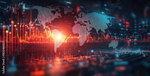 glowing world map overlaid with red and blue financial charts and candlestick graphs conveying volatile global markets and urgent high-tech data flow