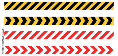 red, white, black, and yellow barricade tape vector – diagonal caution warning stripes, repeatable seamless pattern, industrial safety tape illustration, hazard and construction warning graphic.