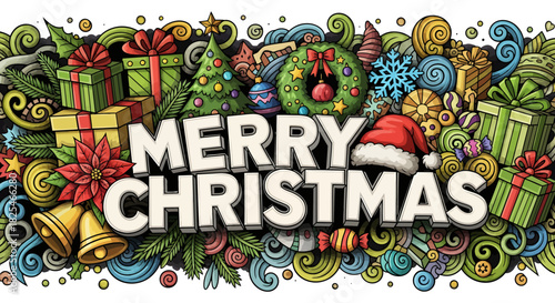 A vibrant and festive doodle art illustration featuring the words 'MERRY CHRISTMAS' surrounded by various holiday elements like presents, Christmas trees, wreaths, snowflakes, bells, and candies.