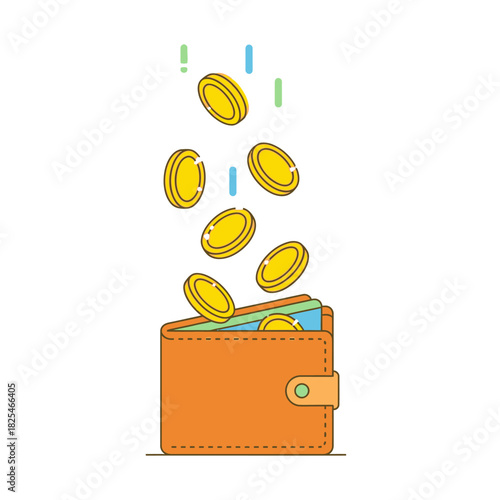 Single Vector Icons of Illustration of coins falling into an open wallet. EPS Editable
