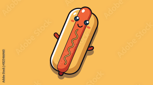 Cute kawaii hot dog character with smiling face and tiny arms