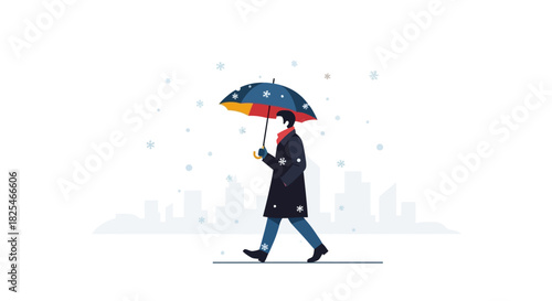 Single Vector Icons of Person Walking in Snow Under Colorful Umbrella. EPS Editable